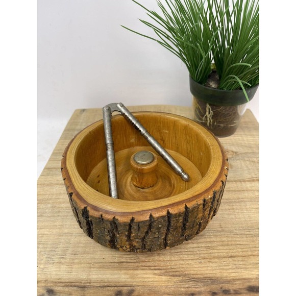 Unbranded Art Vintage Walnut Wood Tree Bark Nut Cracker Bowl With